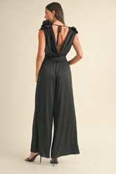3D Floral Applique Deep Cowl Neck Jumpsuit Mable